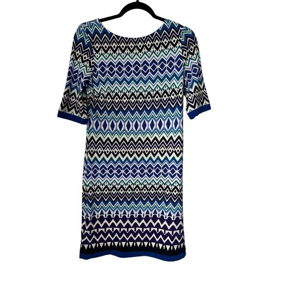 Eliza J Dress Size 8 Blue White Aztec Geometric Print Short Sleeve Sheath Lined - Picture 1 of 9